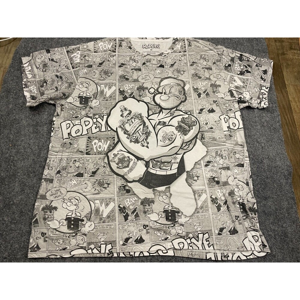 Popeye T-Shirt Womens 2 XL Short Sleeve Shirt All over Print Gray Top